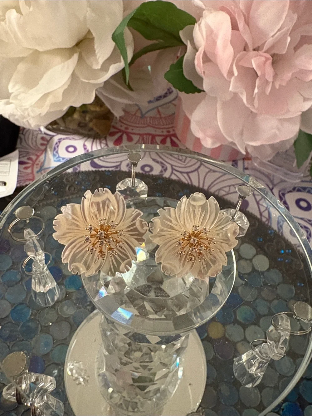 White Iridescent Mother of Pearl Floral Earrings Designer Inspired. Indonesia.